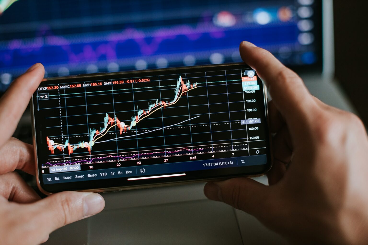 trader analyzing stock trading graph phone app